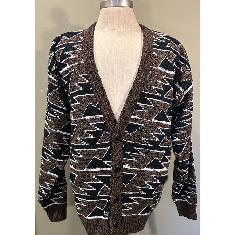 Vtg Le Tigre Cardigan Brown Sweater Mens XL Aztec Geometric Cosby Grandpacore